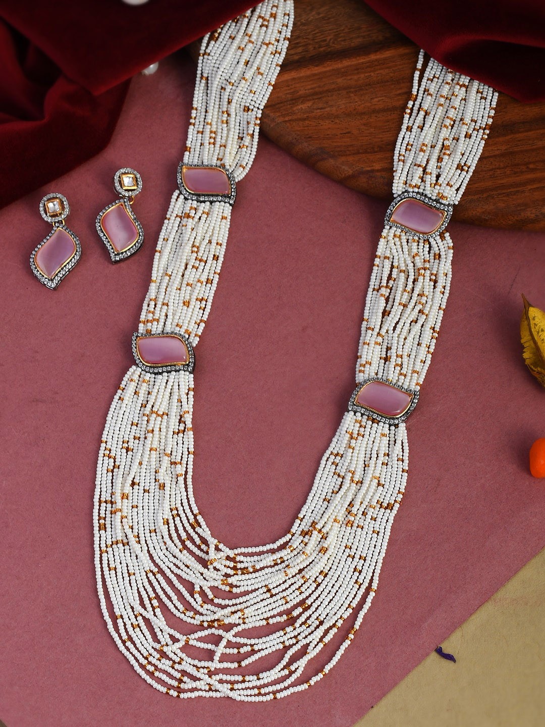 

DASTOOR 24 K Gold-Plated Pink Polki Kundan Studded & Beaded Jewellery Set