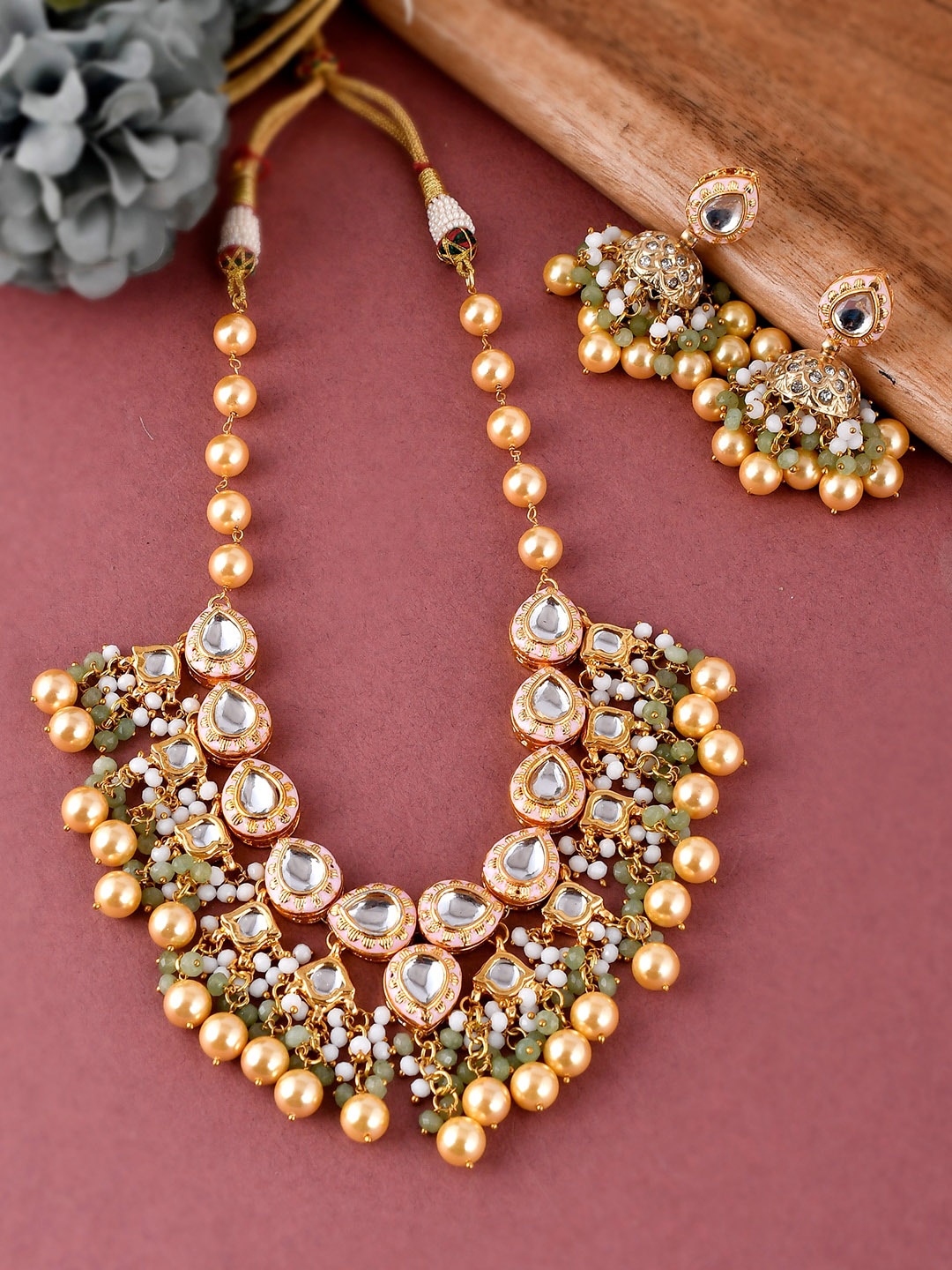 

DASTOOR 24 K Gold-Plated White & Green Kundan-Studded & Pearl Beaded Jewellery Set