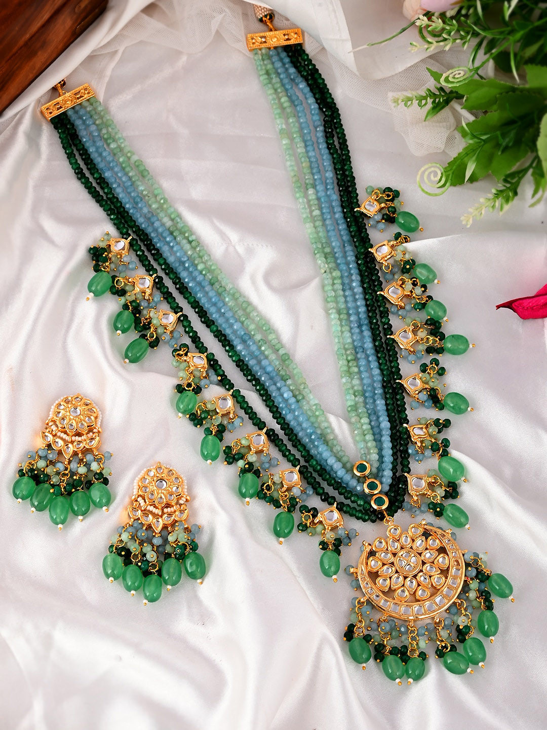 

DASTOOR Gold Plated Green Beaded & White Stone Studded Layered Jewellery Set