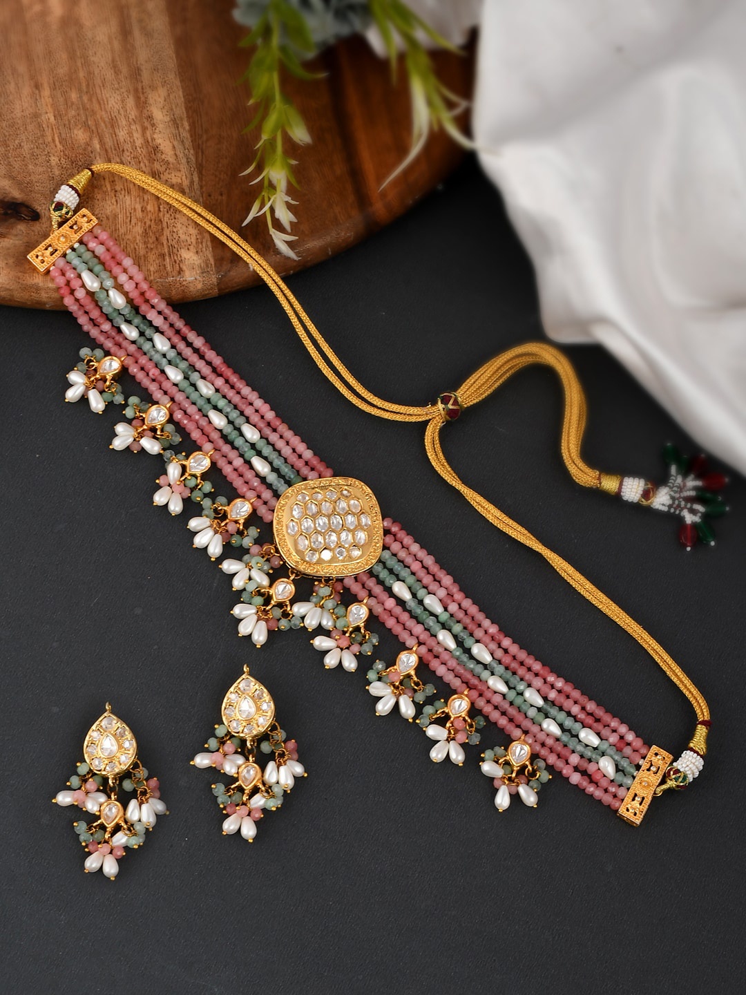 

DASTOOR Women Red Green Beaded & Gold Plated Polki Kundan Designer Necklace set