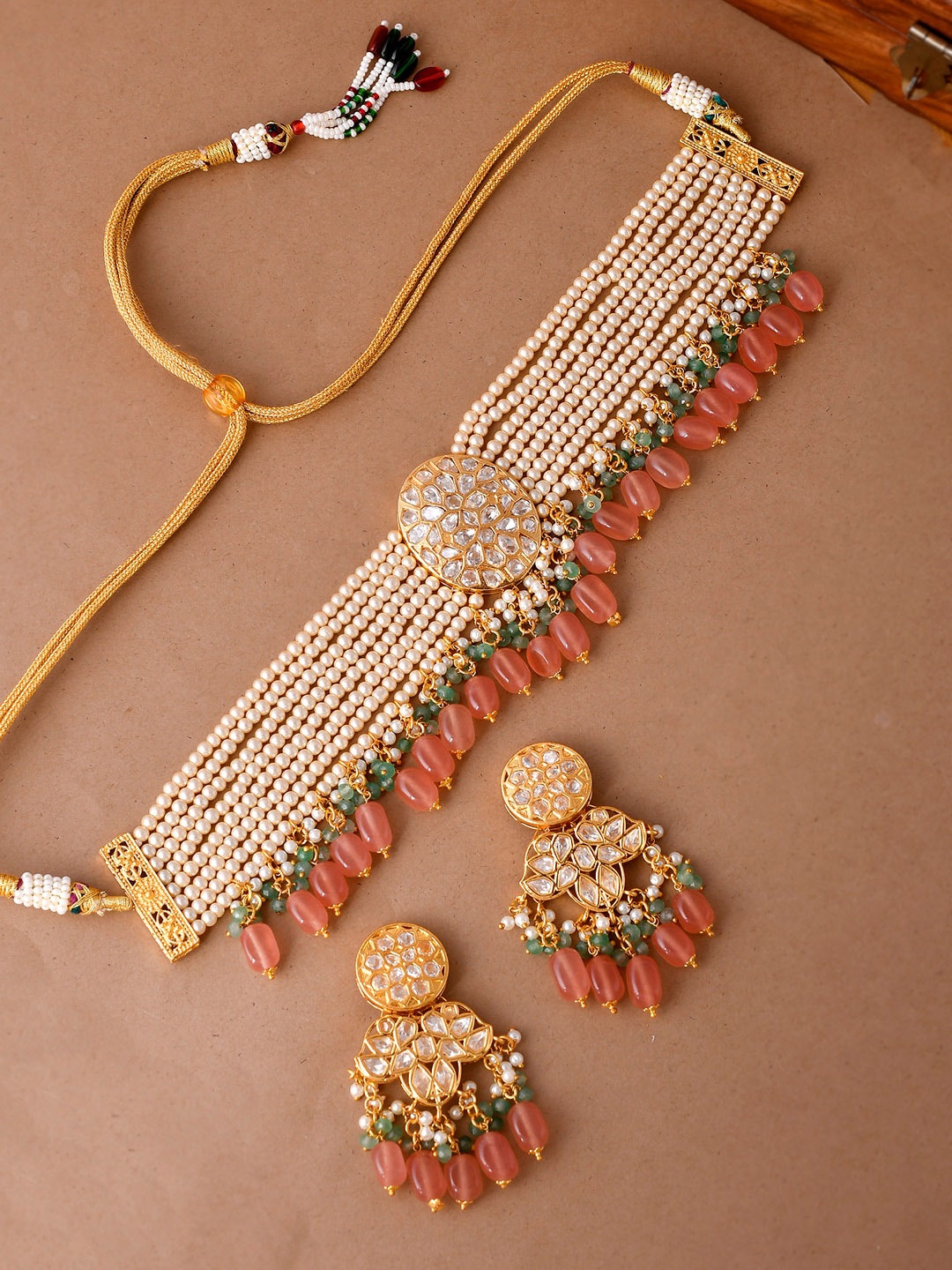 

DASTOOR Women Gold-Plated Pink Polki Kundan Jewellery Set