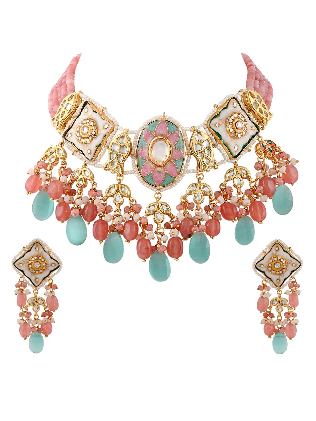 

DASTOOR 24 K Gold-Plated Red & Blue Polki Kundan Studded & Beaded Jewellery Set
