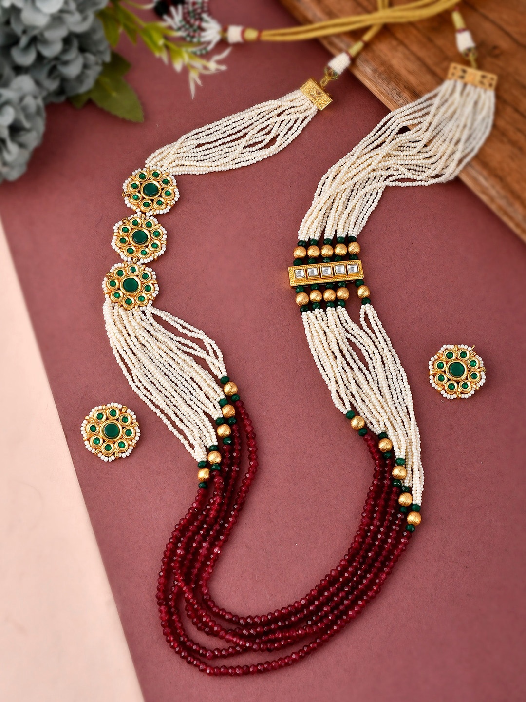

DASTOOR White & Gold Plated Beaded Layered Jewellery Set