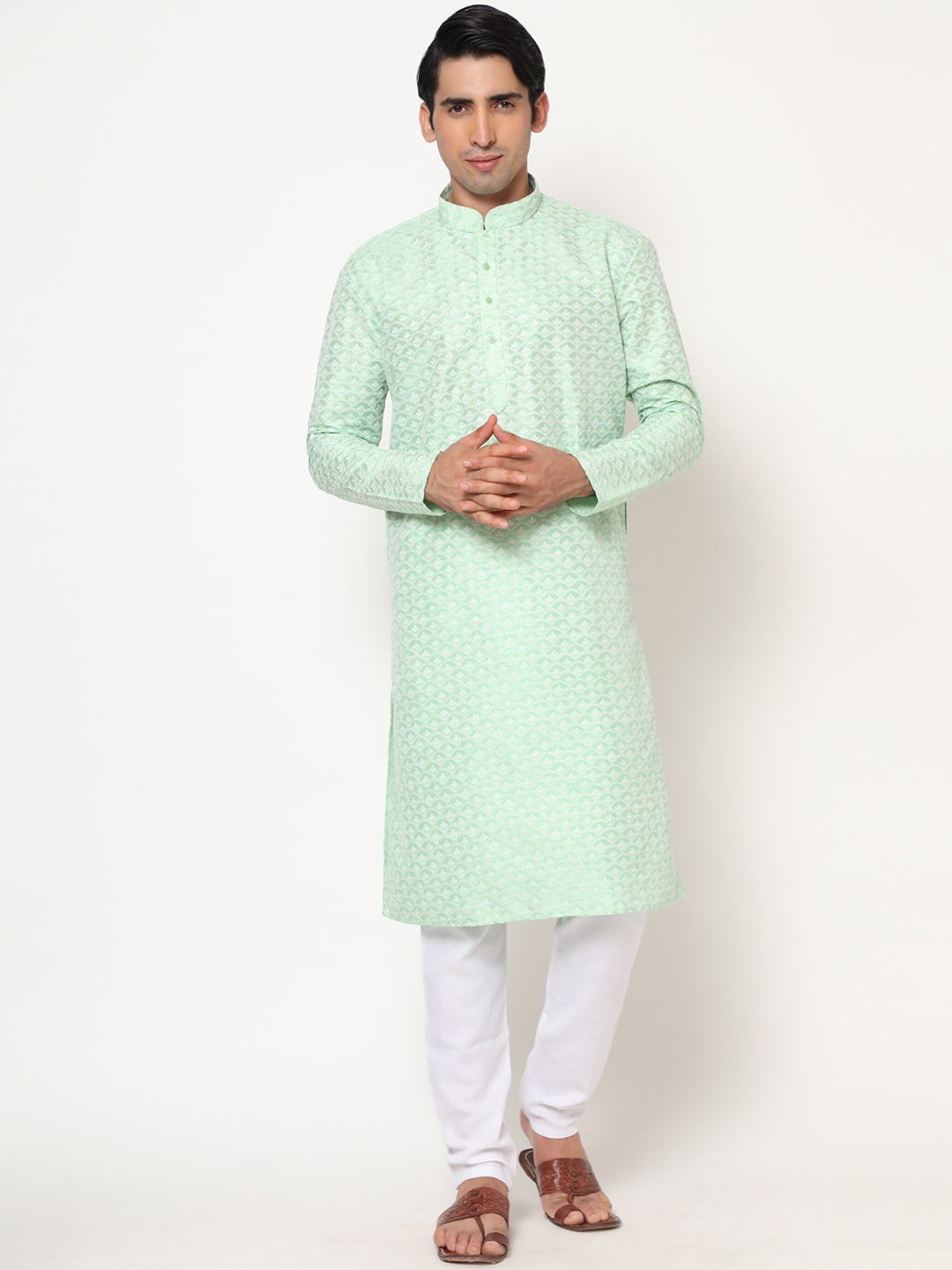 

THE GENTLEMENS CLUB Men Sea Green Printed Linen Kurta with Pyjamas
