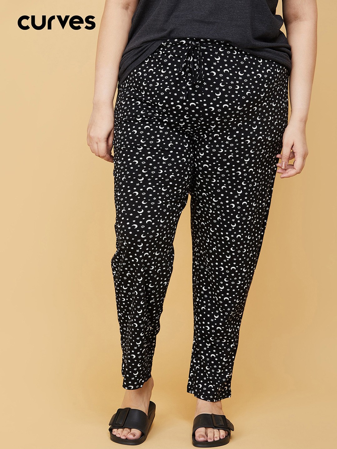 

max Women Plus Size Black Printed Cotton Lounge Pants