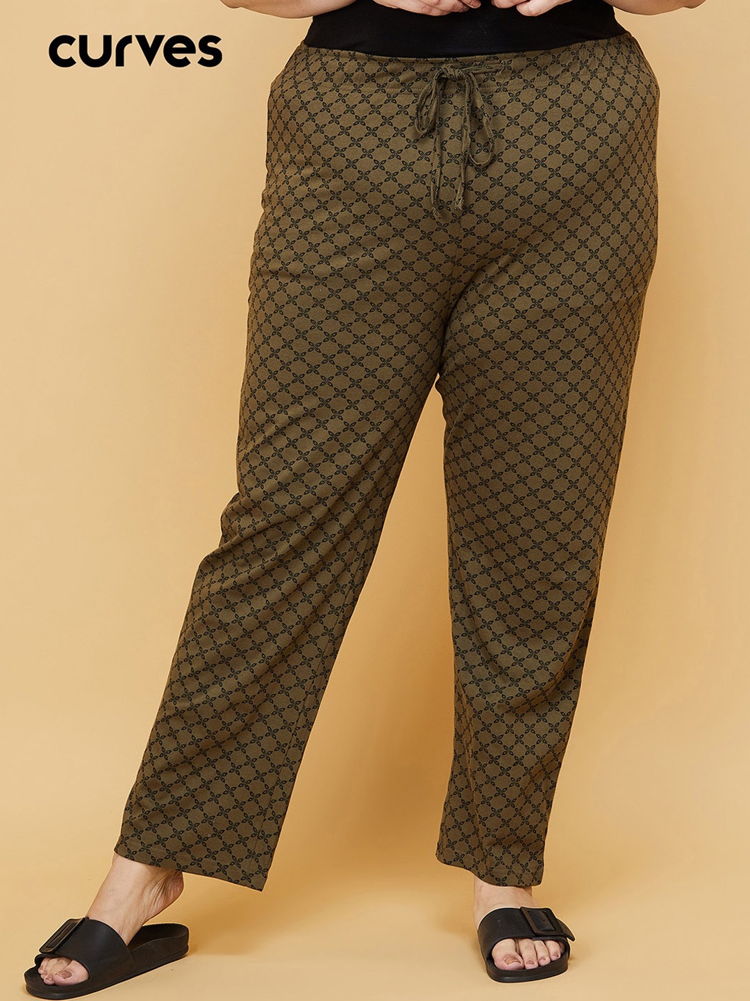 

max Women Plus Size Olive-Green Printed Cotton Lounge Pants