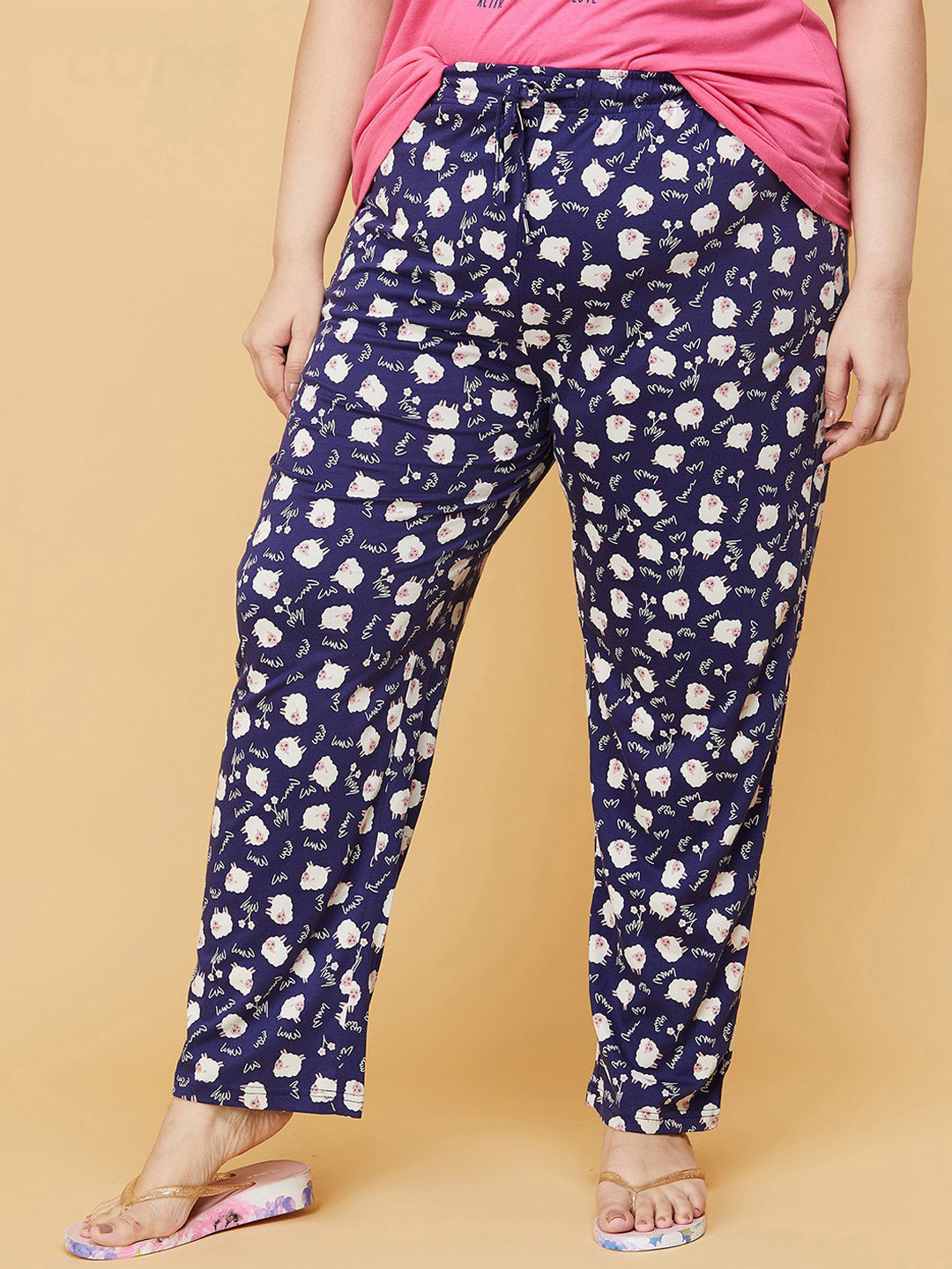 

max Women Blue Printed Cotton Lounge Plus size Pants