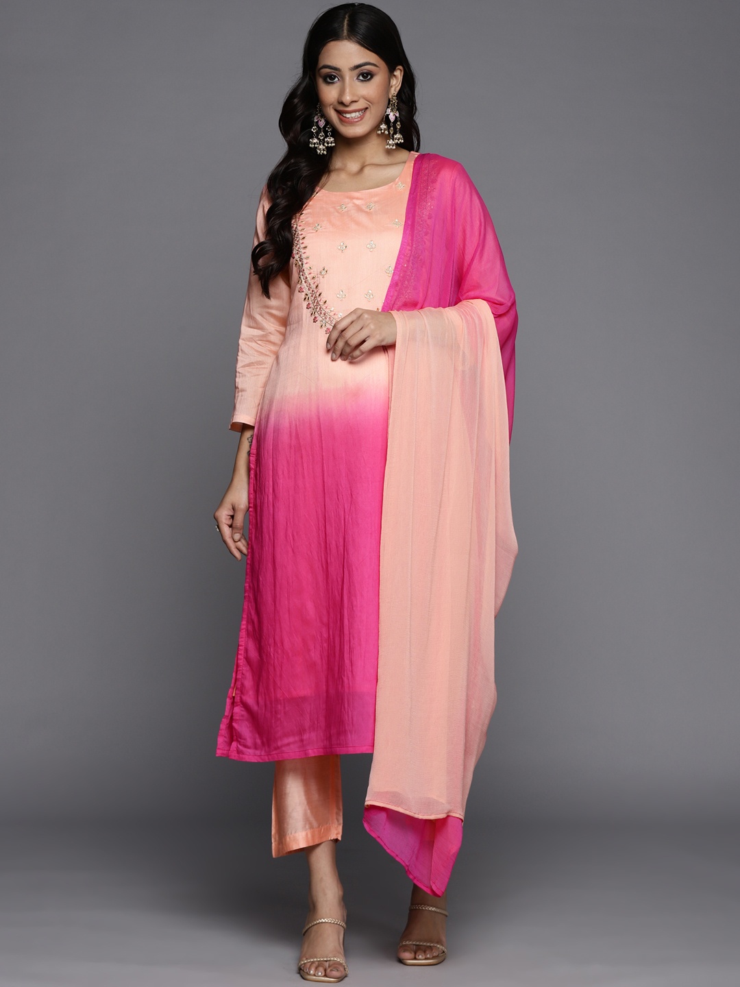

Varanga Women Peach-Coloured Ombre Yoke Design Sequinned Kurta with Trousers & Dupatta