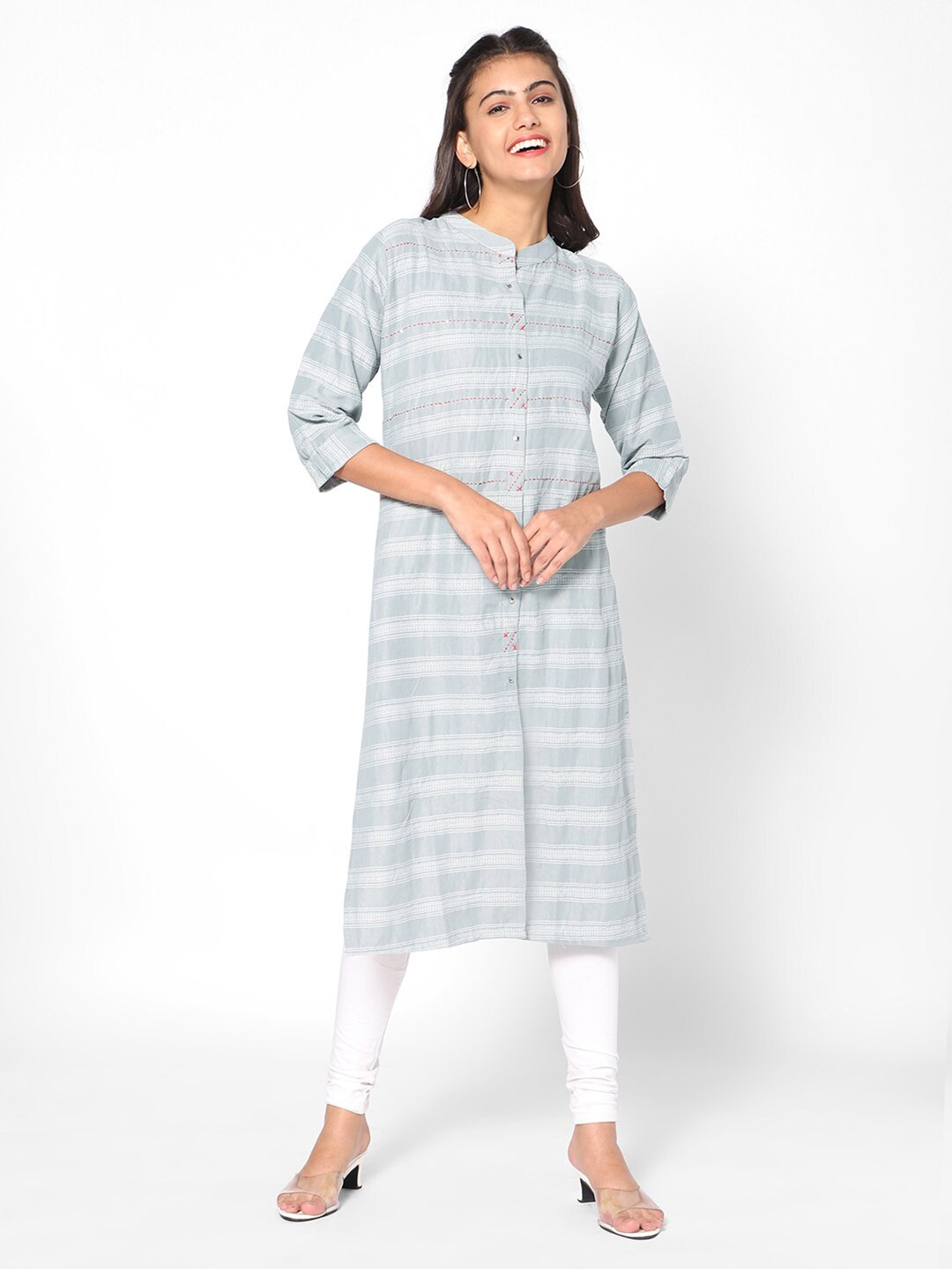 

Kiya Women Blue Striped Thread Work Kurta