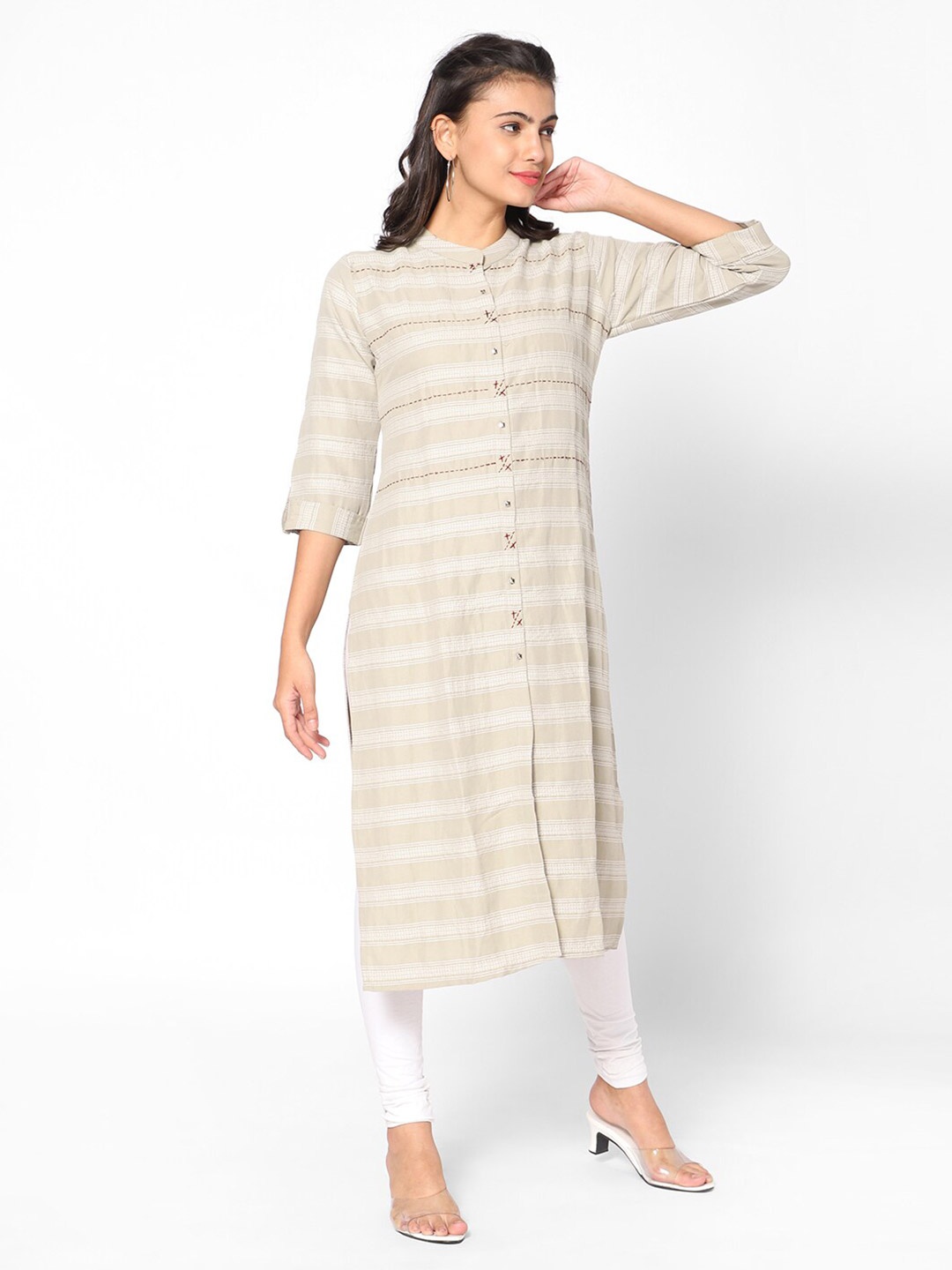 

Kiya Women Khaki & White Striped Kurta