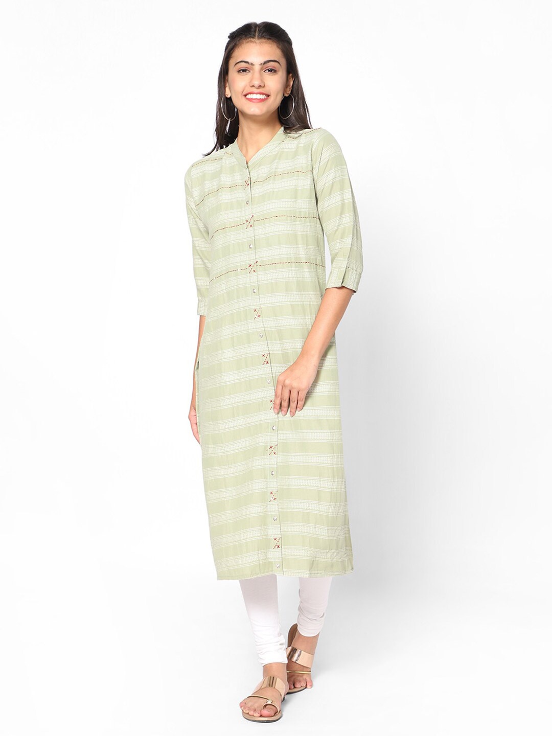 

Kiya Women Green & White Striped Kurta