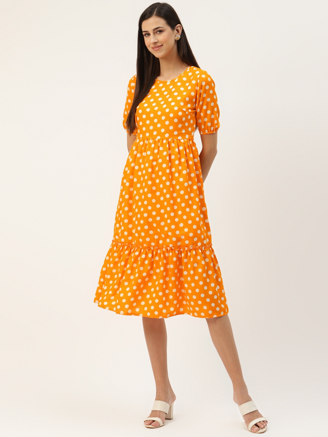 

BRINNS Mustard Yellow & White Crepe Printed A-Line Midi Dress