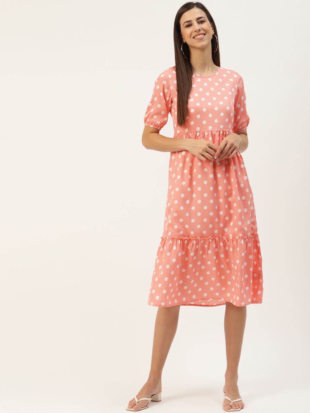 

BRINNS Peach-Coloured & White Crepe Printed A-Line Midi Dress