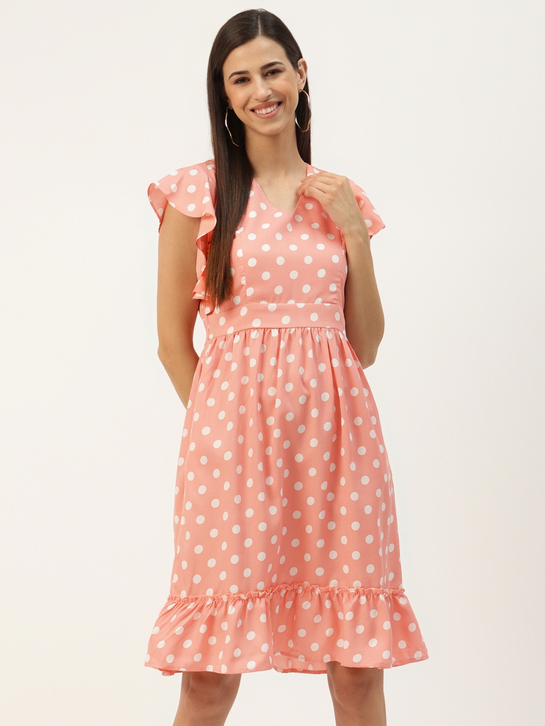 

BRINNS Peach-Coloured & White Printed A-Line Dress