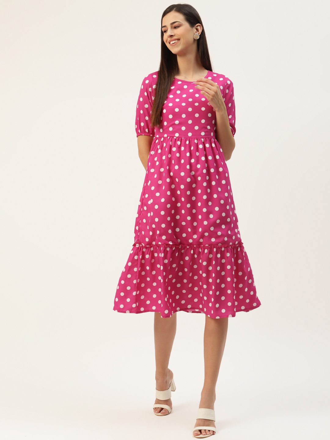 

BRINNS Pink & White Crepe Printed A-Line Midi Dress