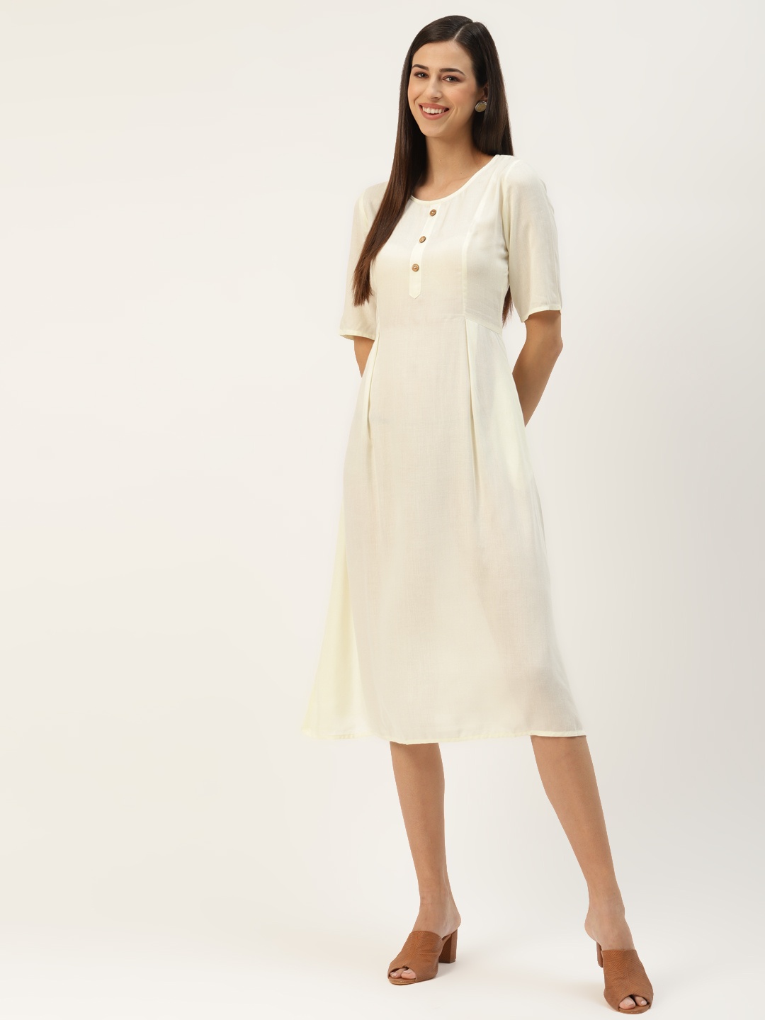 

BRINNS Cream-Coloured Solid A-Line Midi Dress