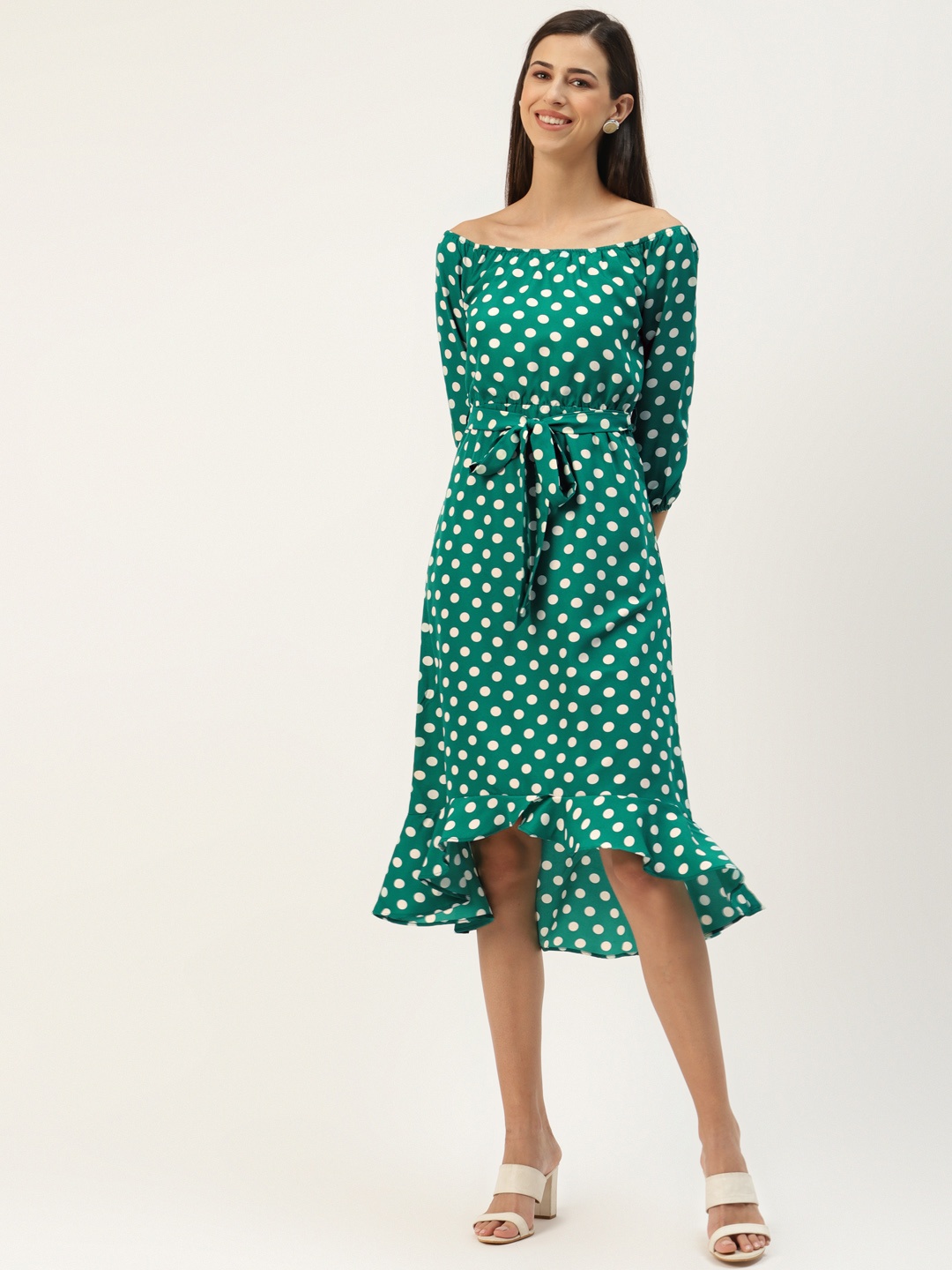 

BRINNS Green & White Off-Shoulder Printed A-Line Midi Dress