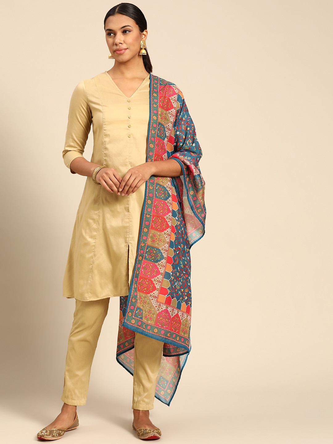 

Anouk Women Beige Solid Kurta with Trousers & With Dupatta