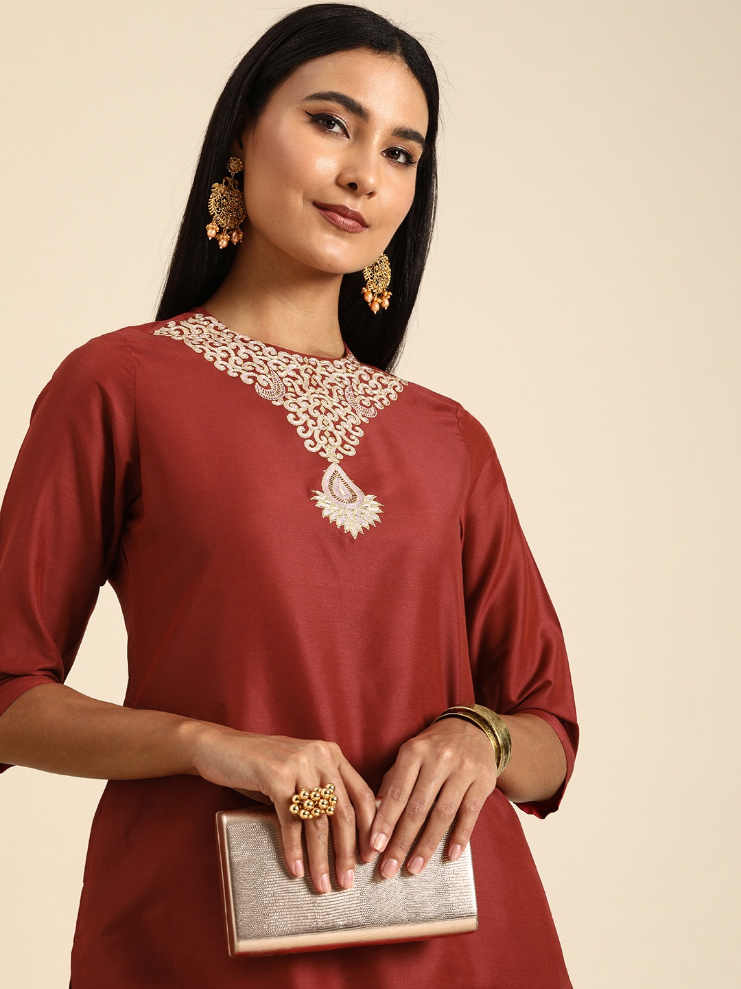 

Anouk Women Rust Yoke Embroidery Kurta with Trousers