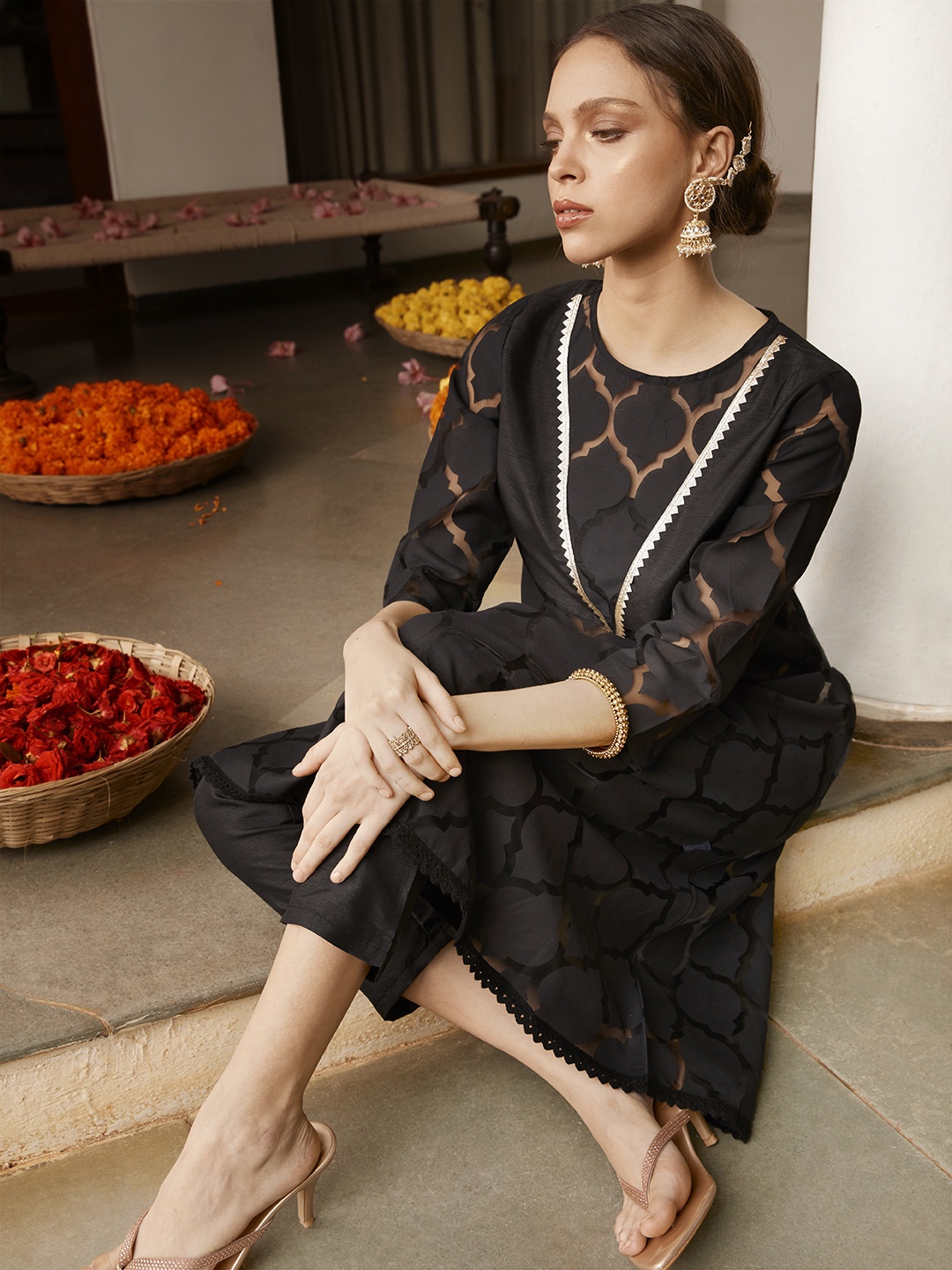 

Anouk Women Black Ethnic Motifs Printed Kurta with Trousers