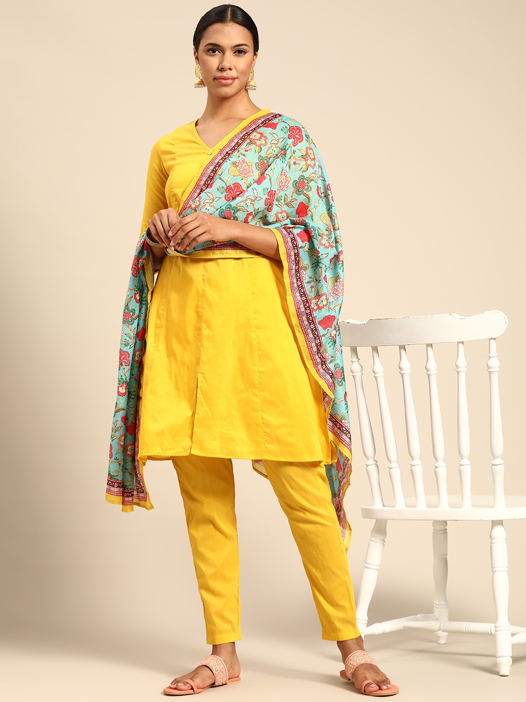 

Anouk Women Yellow Solid Kurta with Trousers & With Dupatta