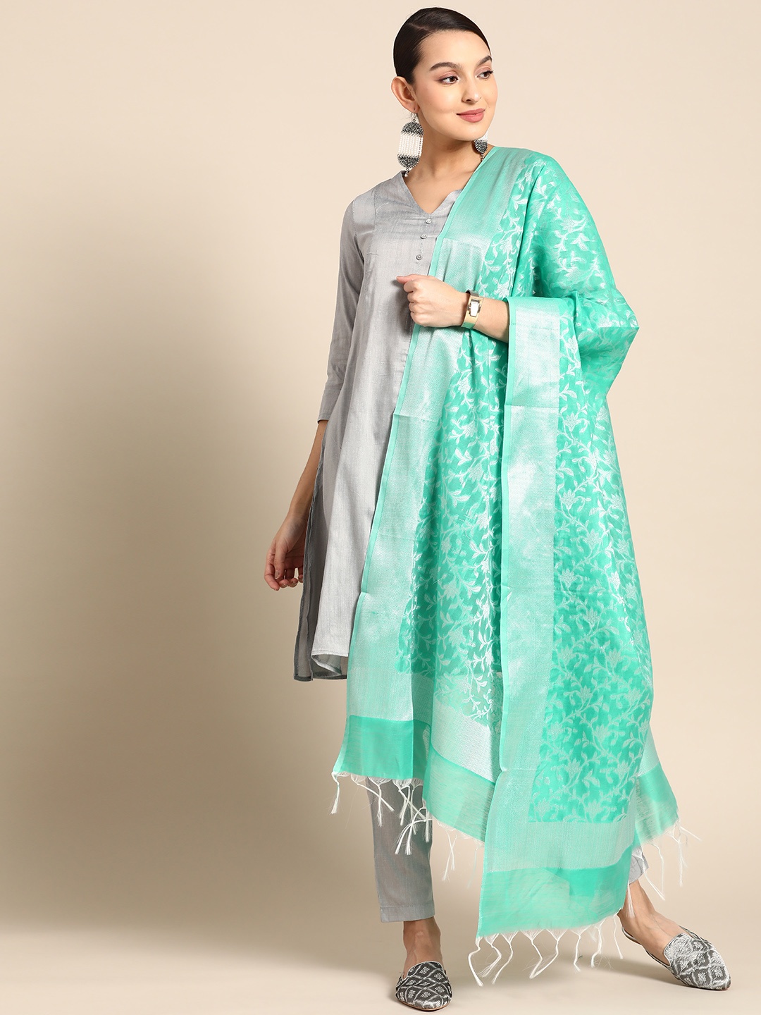 

Anouk Women Grey Panelled Kurta with Trousers & With Dupatta