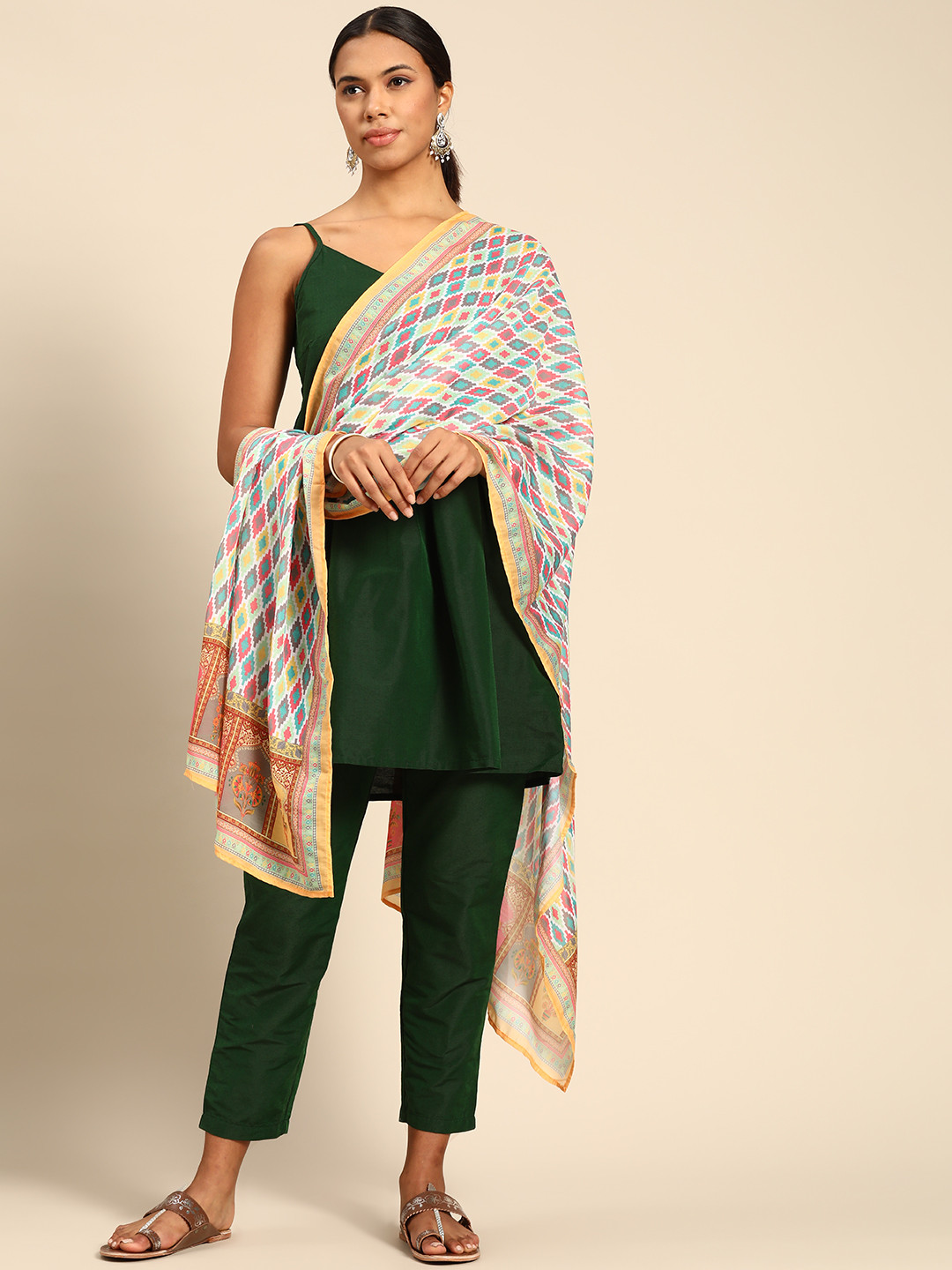 

Anouk Women Green Pleated Kurti with Trousers & With Dupatta