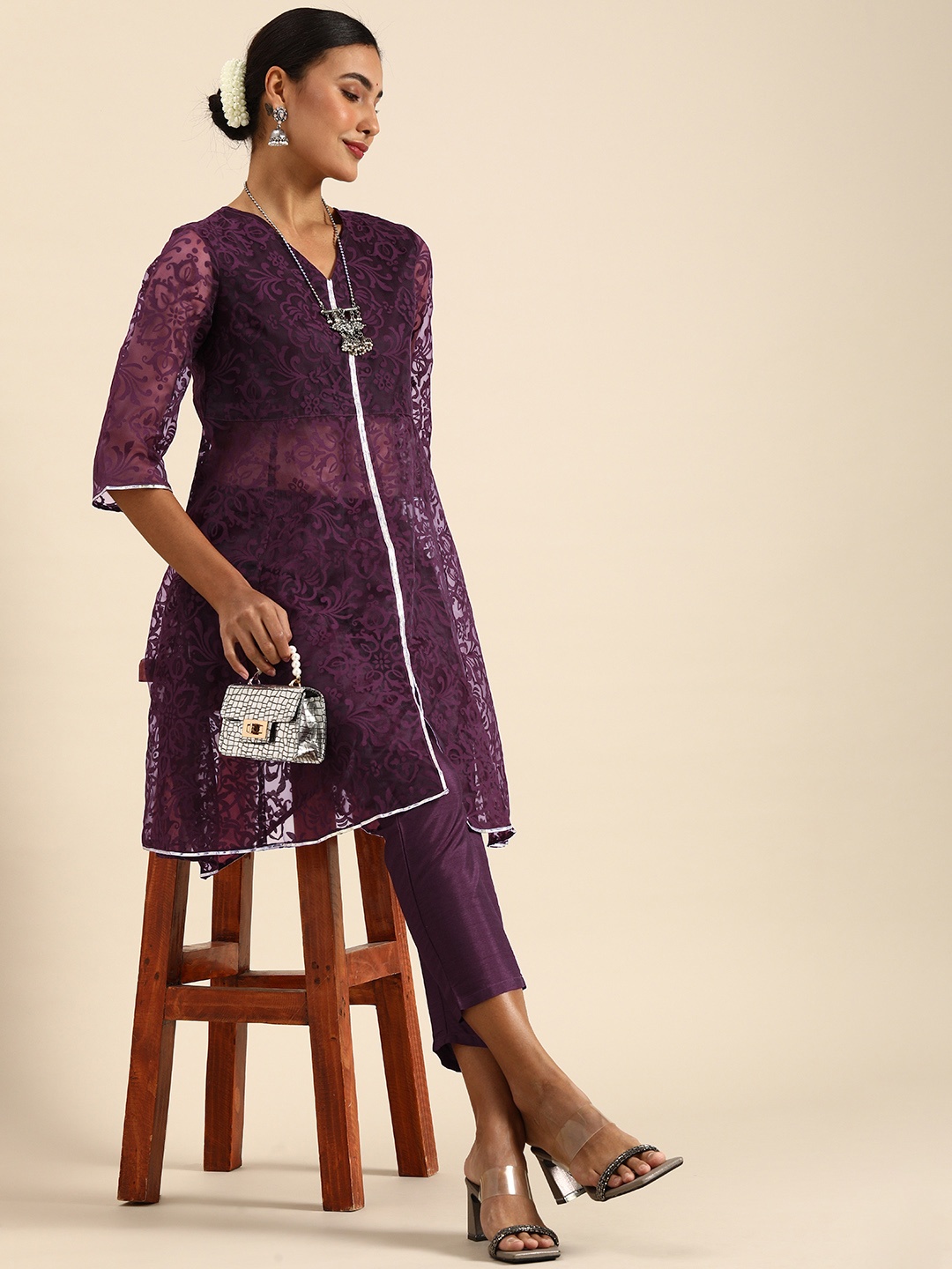 

Anouk Women Purple Ethnic Motifs Printed Kurti with Trousers