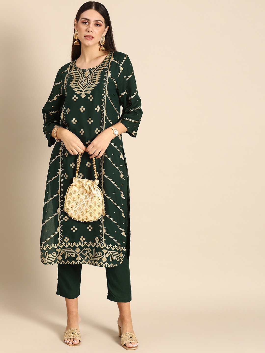 

Anouk Women Green & Golden Ethnic Motifs Printed Kurta with Trousers
