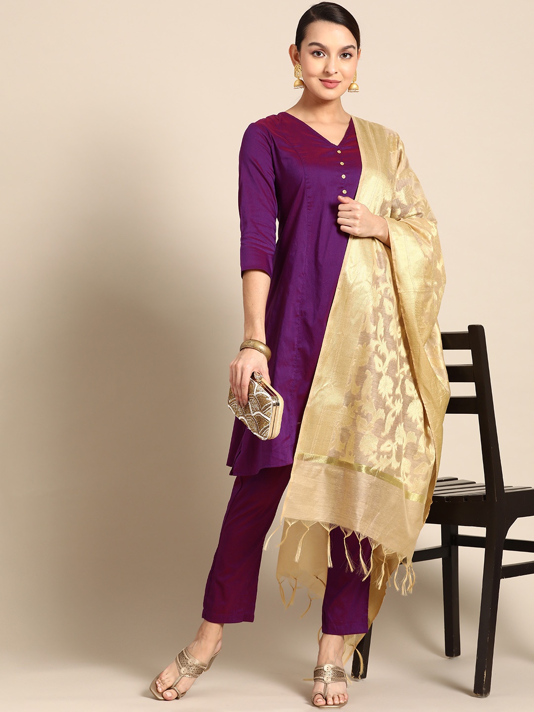 

Anouk Women Panelled Kurta with Trousers & Dupatta, Purple