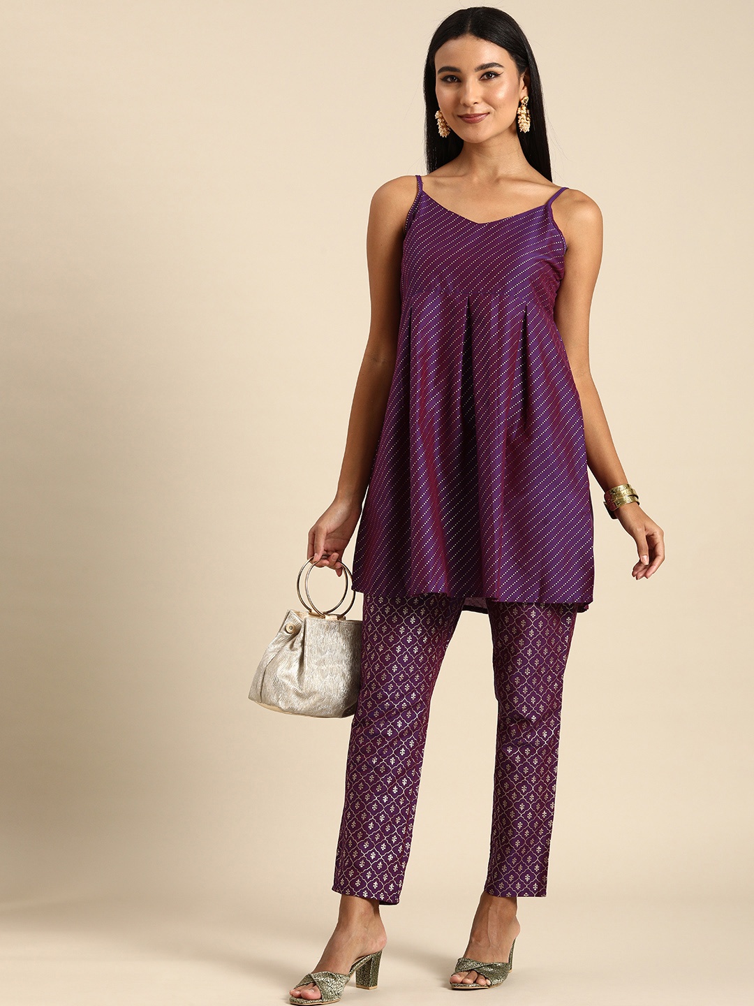 

Anouk Women Purple Striped Empire Style Kurti with Printed Trousers
