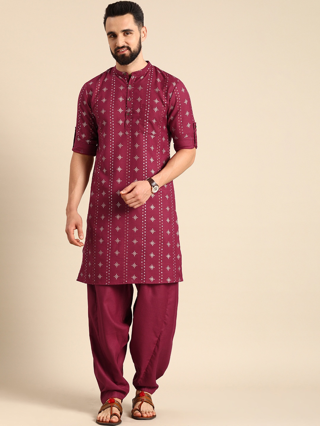 

Anouk Men Red & White Printed Roll-Up Sleeves Kurta with Salwar