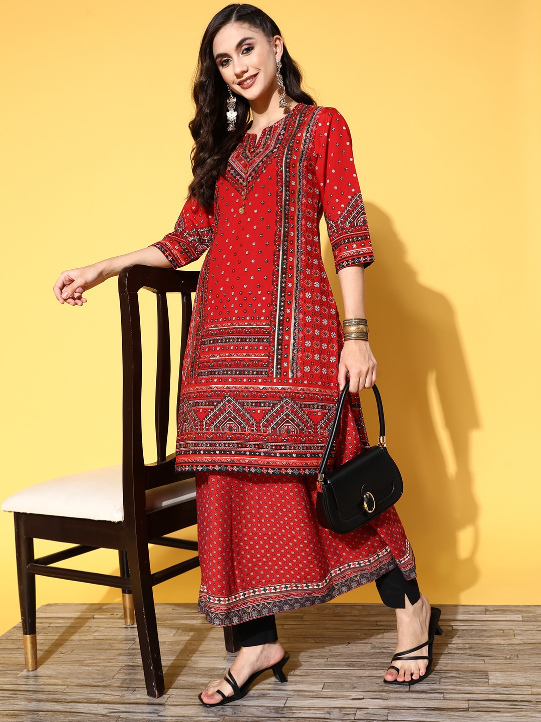 

Juniper Women Red Silk Print Mix Kurta