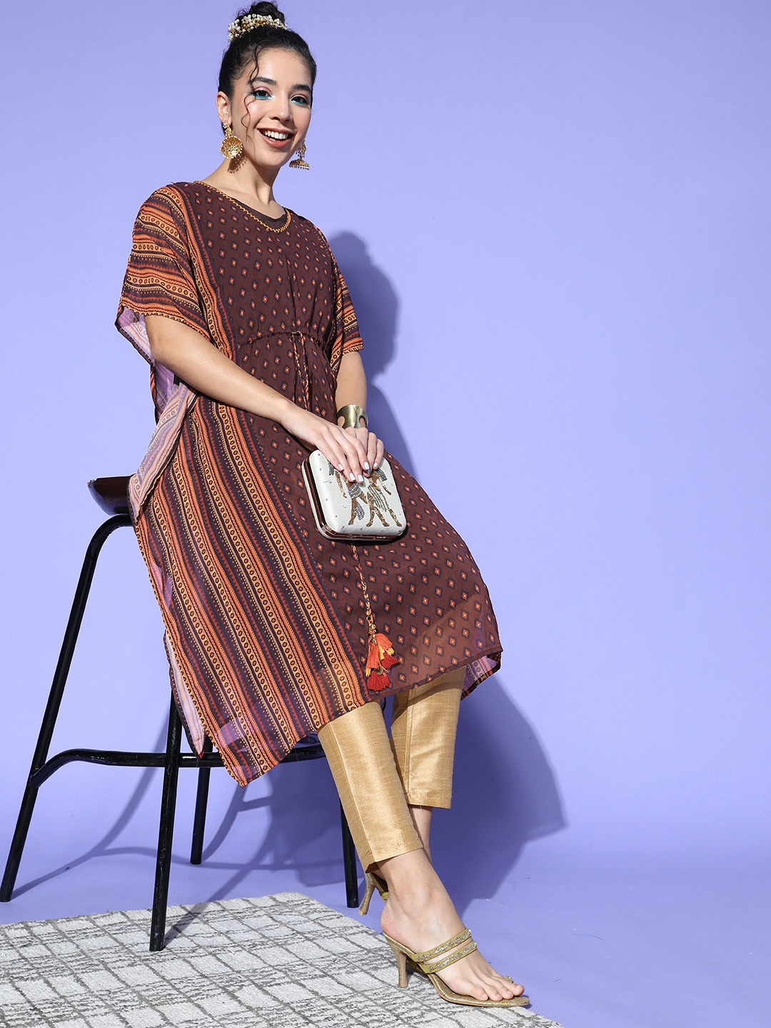 

Juniper Women Brown Georgette Print Mix Kurta