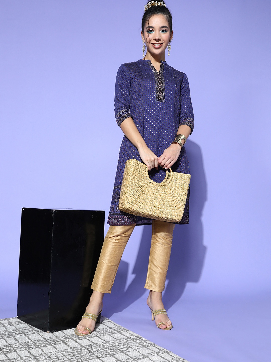 

Juniper Women Deep Navy Blue Viscose Rayon Print Mix Kurta