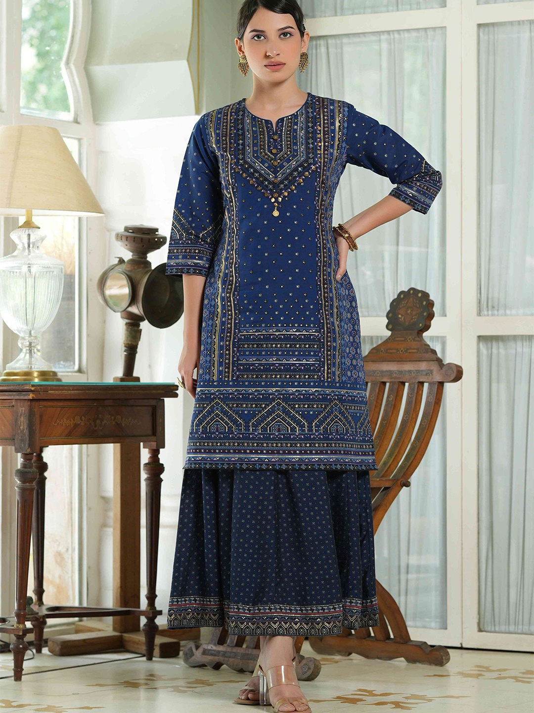 

Juniper Women Navy Blue Silk Print Mix Kurta