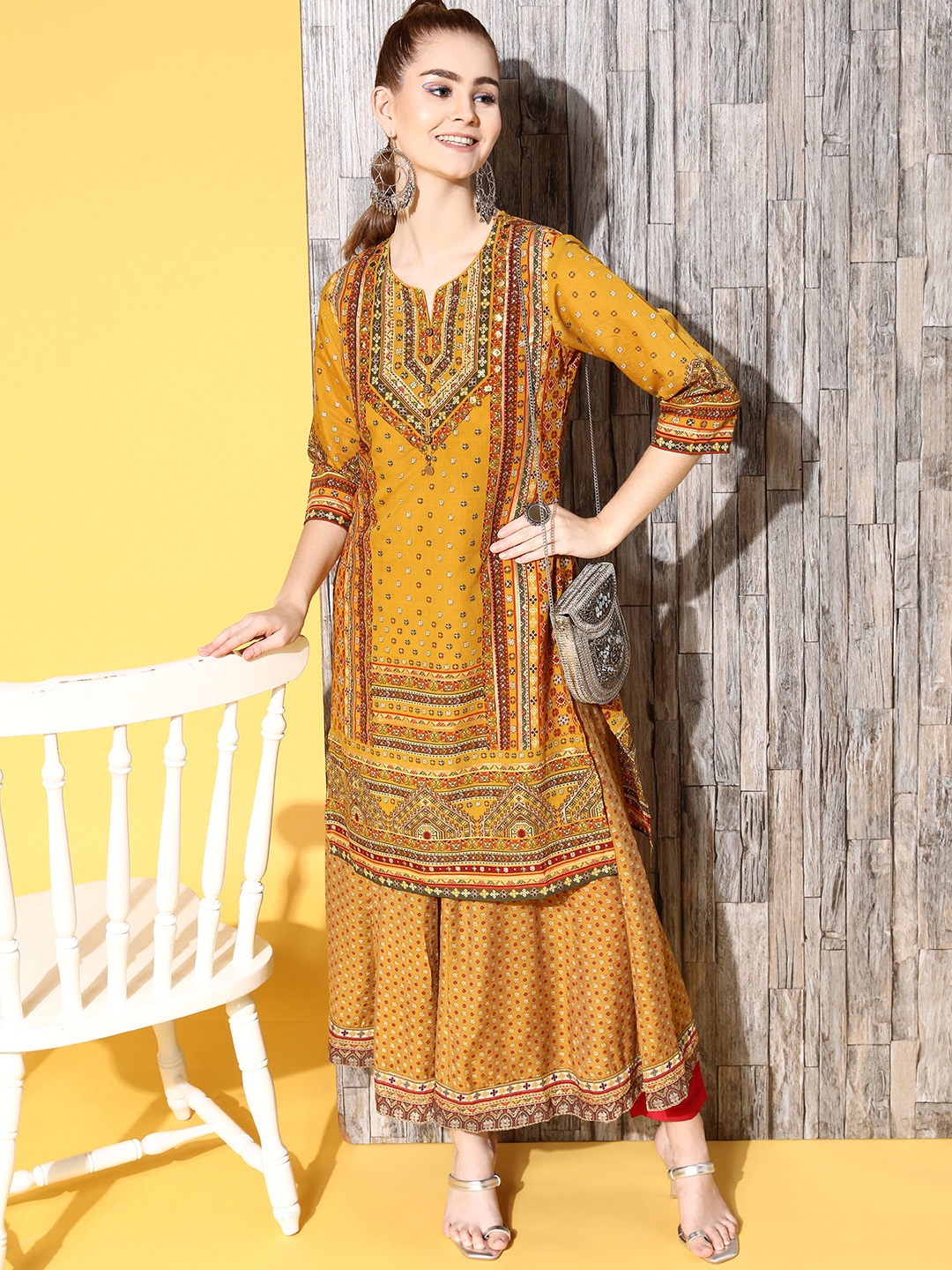 

Juniper Women Stylish Mustard Silk Print Mix Kurta