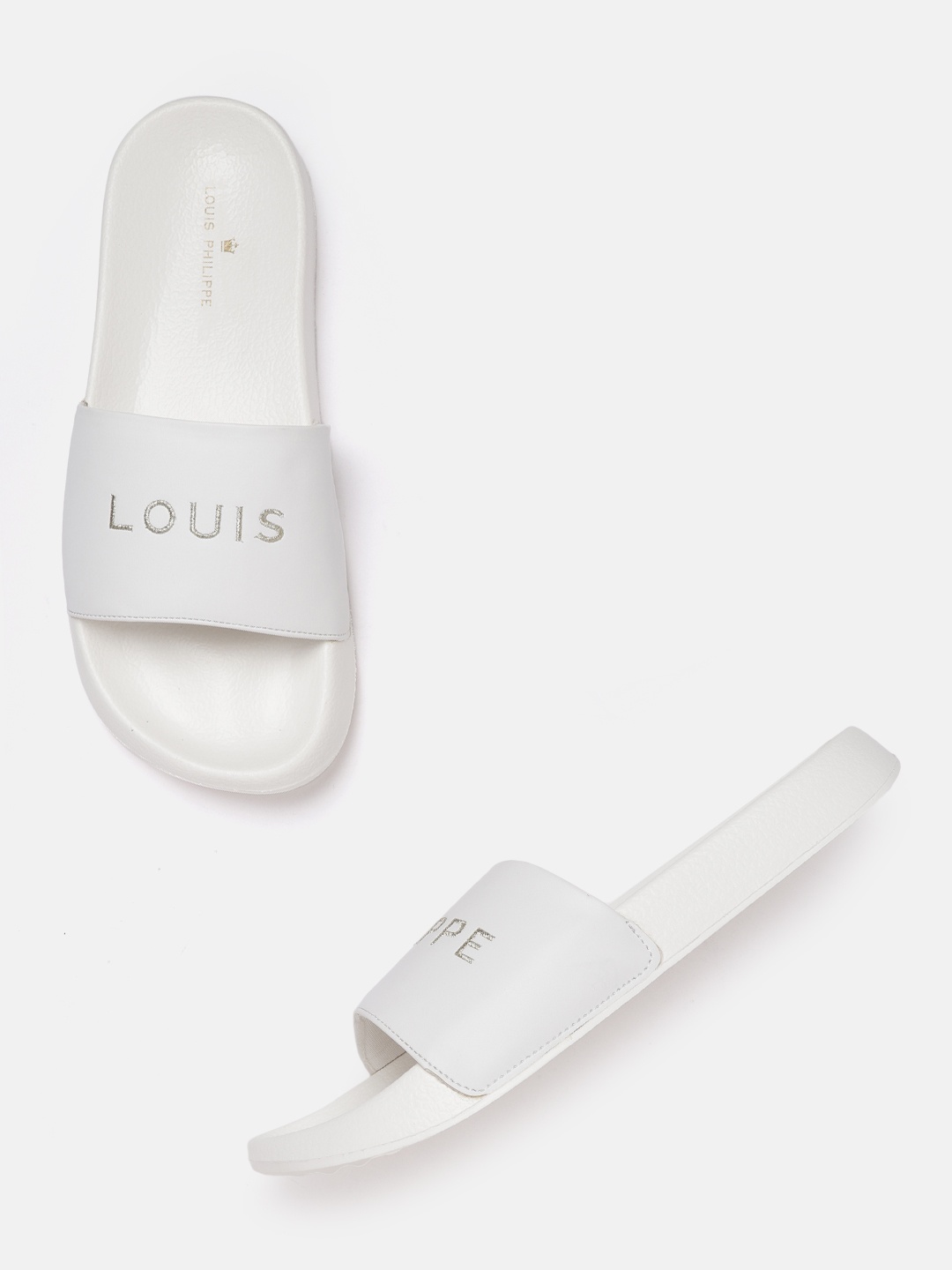 

Louis Philippe Men White & Gold-Toned Brand Logo Thread Embroidered Sliders