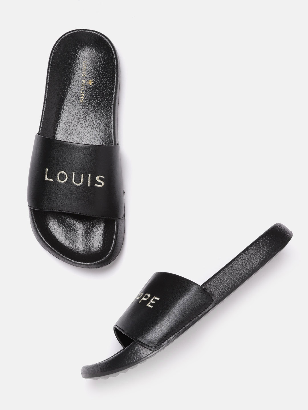 

Louis Philippe Men Black & Gold-Toned Brand Logo Thread Embroidered Sliders
