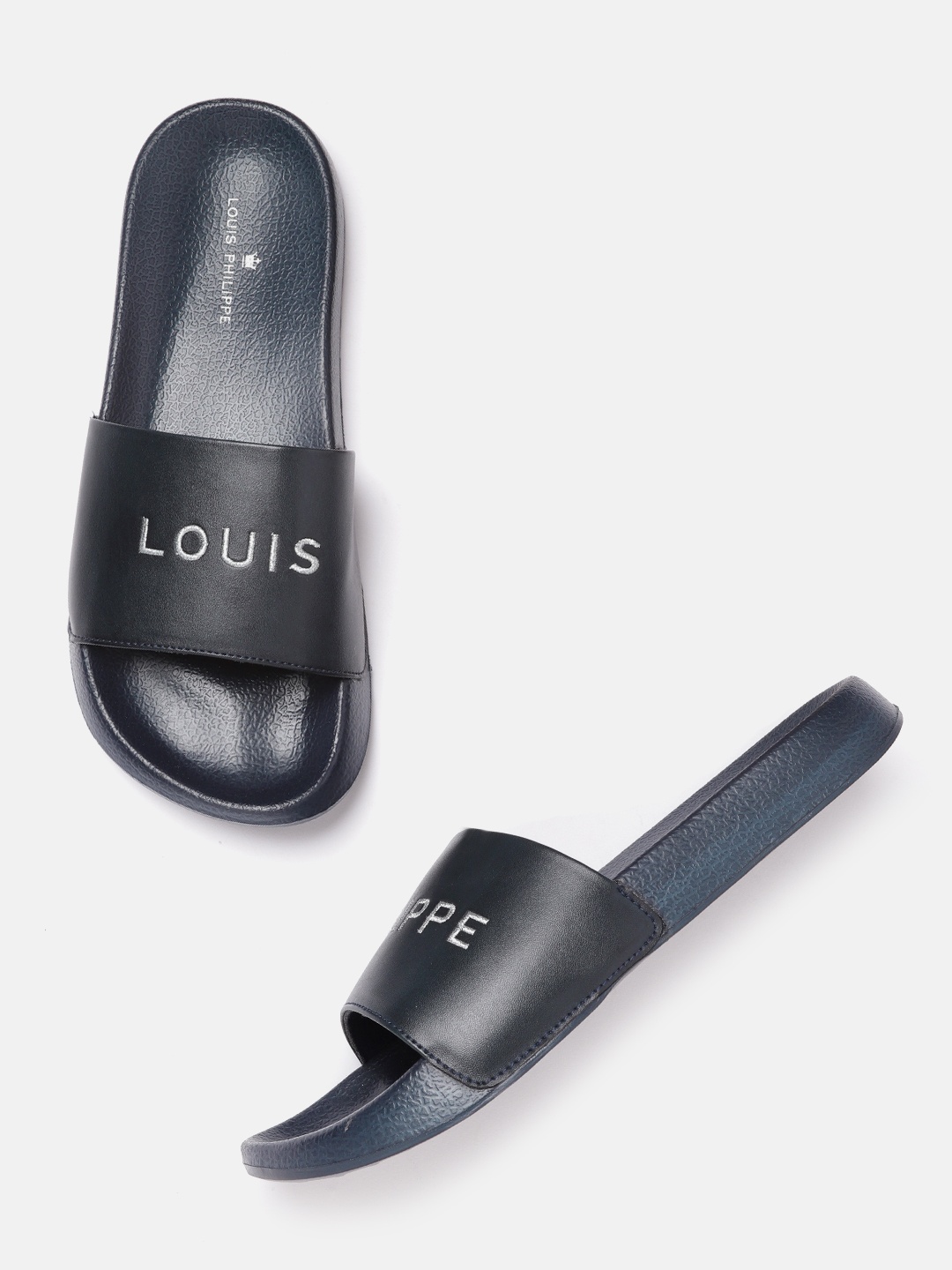 

Louis Philippe Men Navy Blue & Silver-Toned Brand Logo Thread Embroidered Sliders