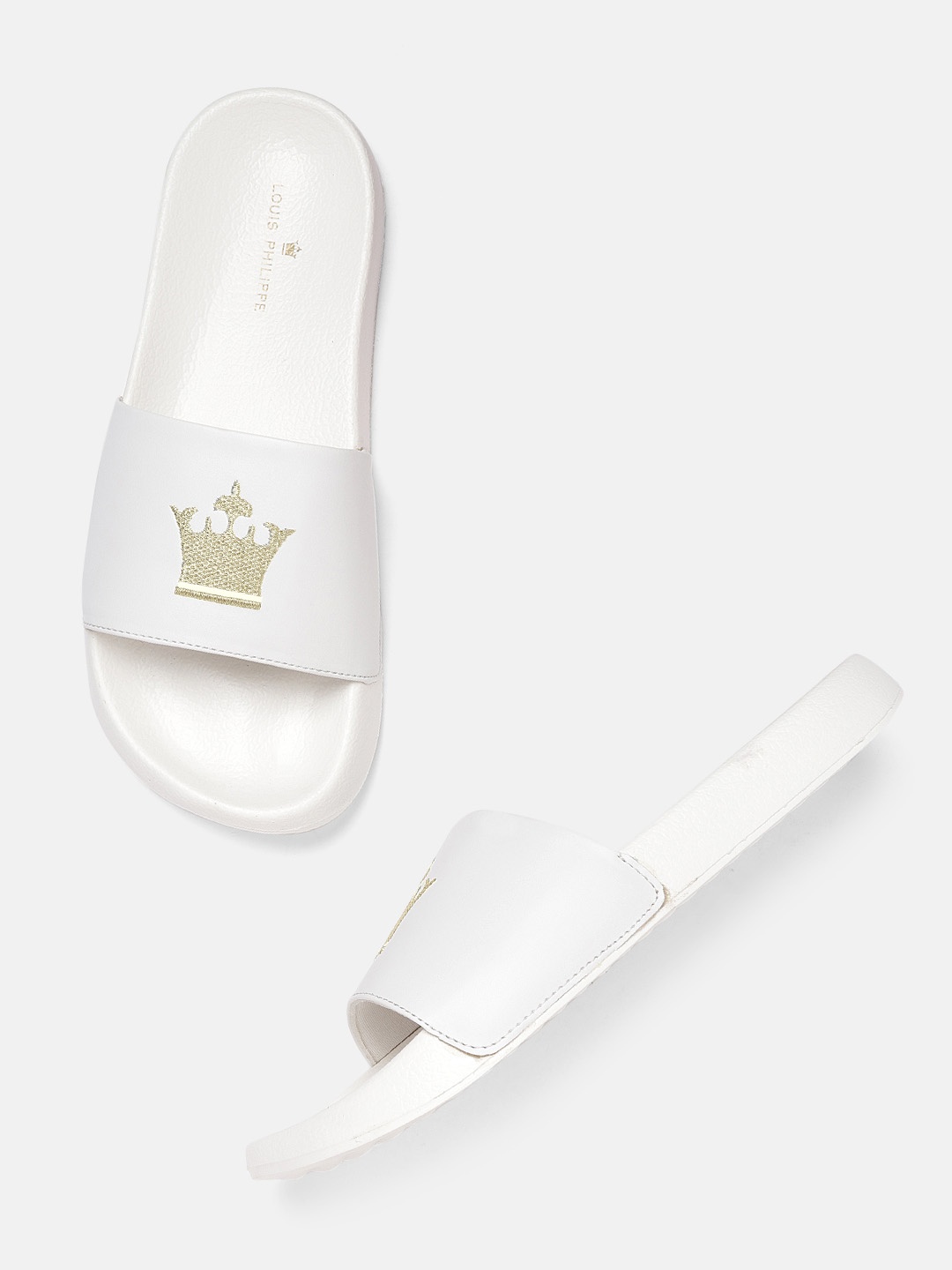 

Louis Philippe Men White & Gold-Toned Brand Logo Thread Embroidered Sliders