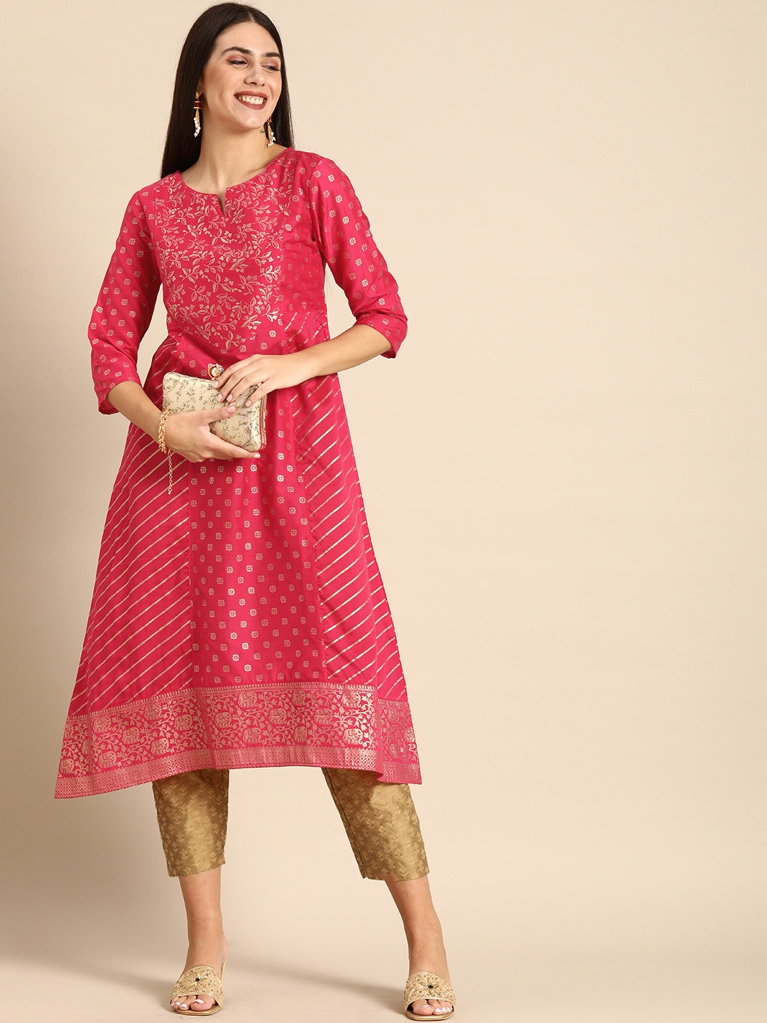 

Anouk Women Fuchsia Ethnic Motifs Woven Design A-Line Pure Cotton Kurta