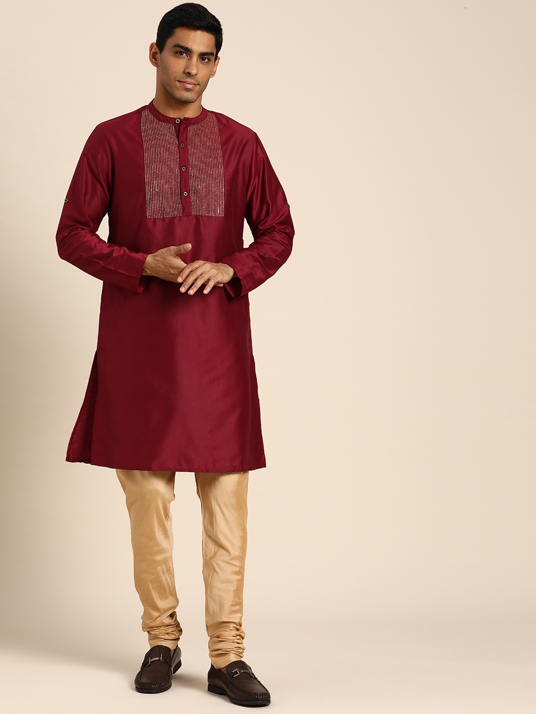 

Anouk Men Maroon & Golden Yoke Design Thread Work Kurta