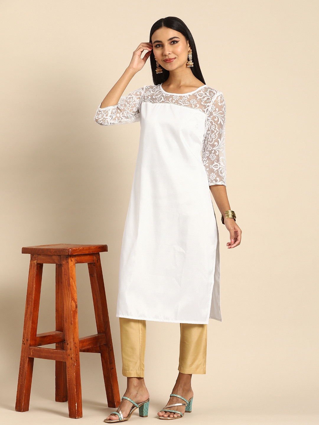 

Anouk Women White Lace Work Detail Round Neck Fusion Kurta