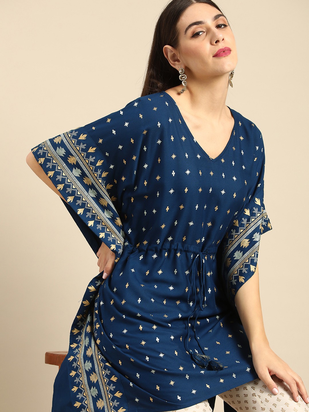 

Anouk Women Navy Blue Ethnic Motifs Printed Flared Sleeves Kaftan Kurta