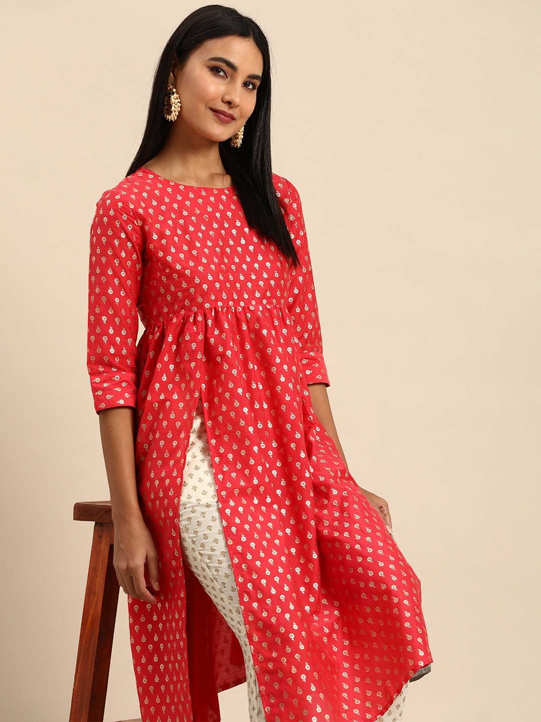 

Anouk Women Coral Red & Gold-Toned Woven Design Anarkali Kurta With High Slit And Tie-ups