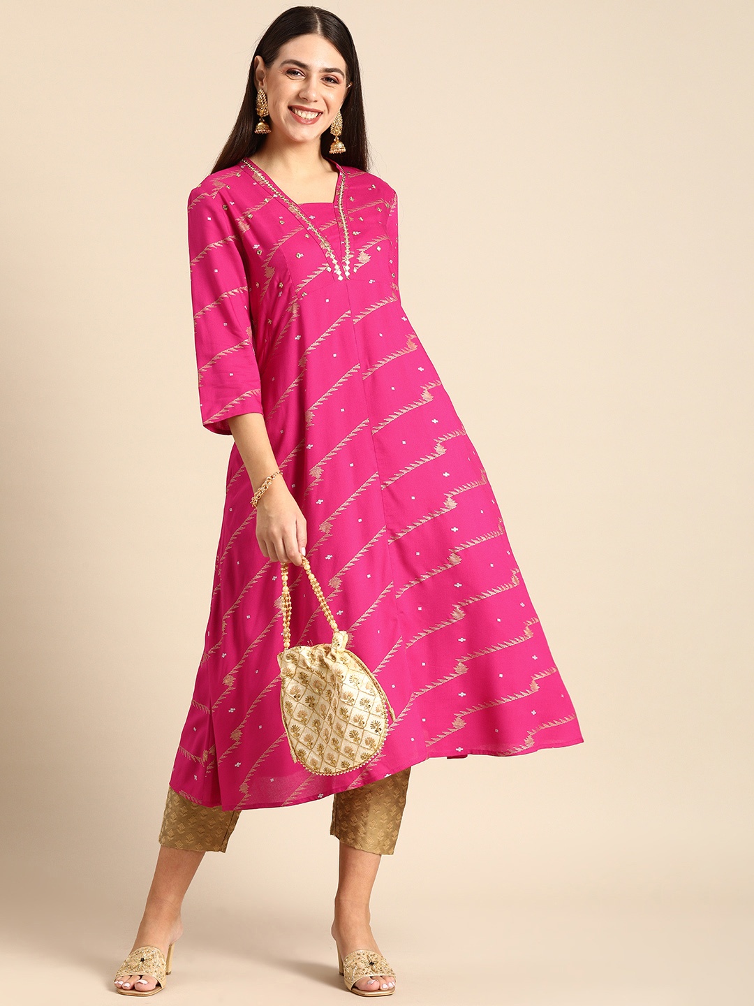 

Anouk Women Pink & Golden Ethnic Motifs Printed Mirror Work Kurta