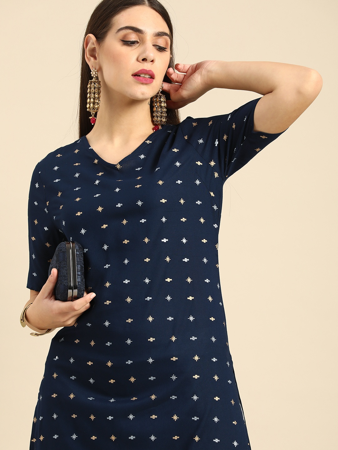 

Anouk Women Navy Blue Ethnic Motifs Printed Kurta