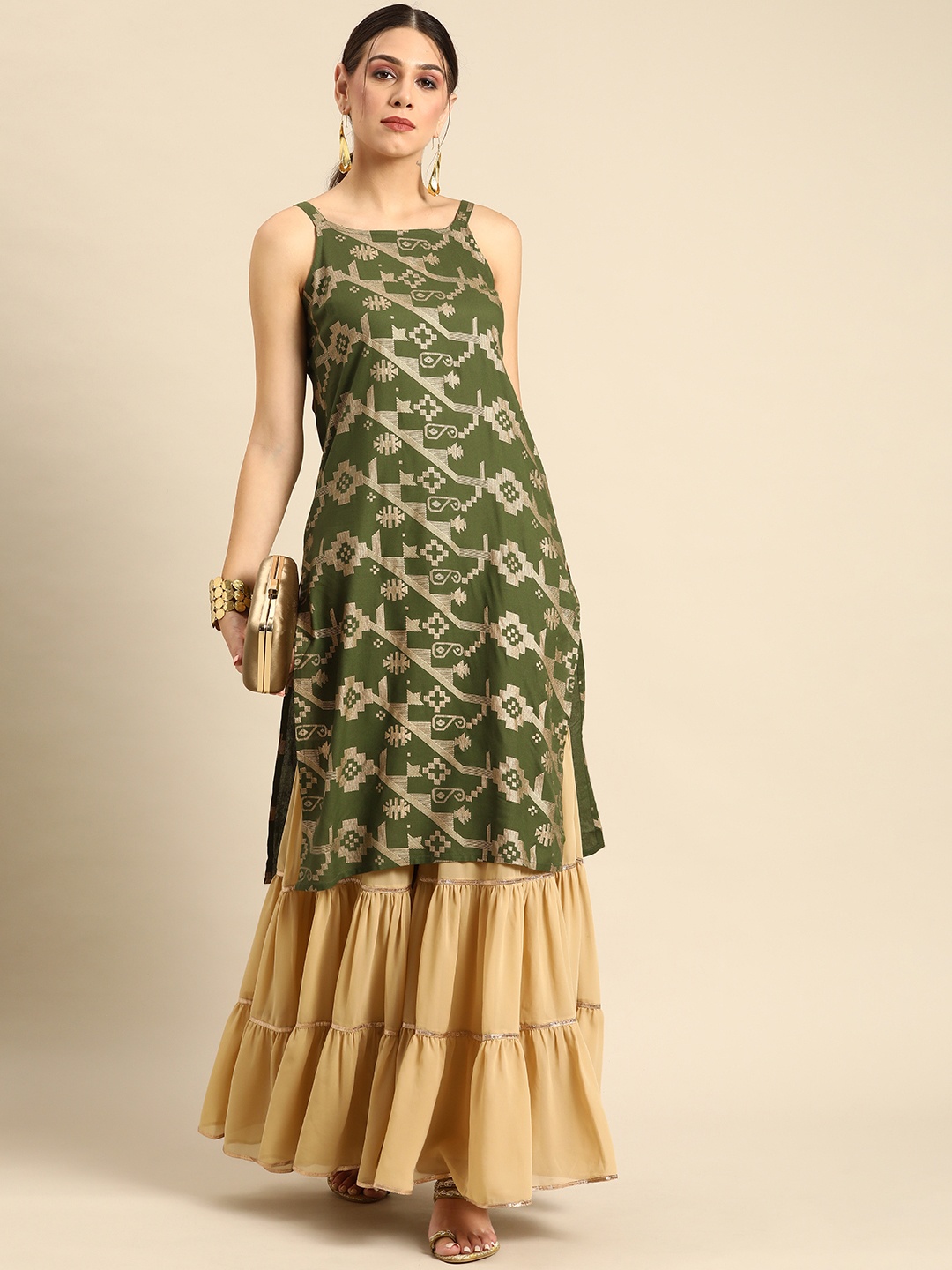 

Anouk Women Green & Gold-Toned Printed Straight Kurta