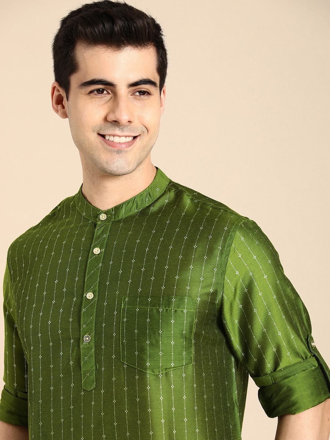 

Anouk Men Olive Green & Gold-Toned Ethnic Motifs Woven Design Kurta
